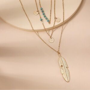 Gold Feather Turquoise Pendant Necklace